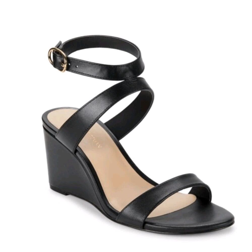 NWOB Stuart Weitzman Black Avenue Leather Wedge Sandals